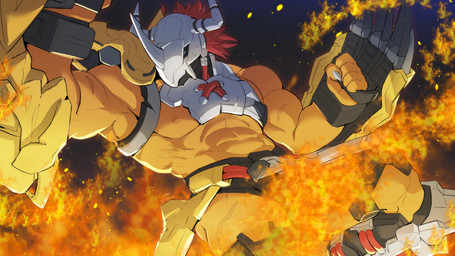 5_fingers abs anthro armor balls barely_visible_balls barely_visible_genitalia barely_visible_penis biceps biped body_armor claws clothed clothing damaged_armor damaged_clothing fingers fire genitals hair headgear helmet male male_anthro muscular muscular_anthro muscular_male nipples pecs penis penis_base red_hair scar solo weapon yellow_body sollyz bandai_namco digimon digimon_(species) wargreymon 16:9 2020 widescreen
