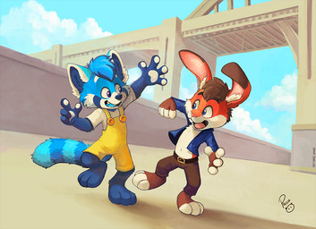anthro blue_body blue_clothing blue_eyes blue_fur blue_hair blue_sky blue_tongue blue_topwear bottomwear bridge brown_bottomwear brown_clothing brown_hair brown_pants clothed clothing cloud day duo front_view fur hair happy logo male markings navel open_clothing open_mouth open_smile open_topwear outside overalls pants purple_eyes red_body red_fur red_tongue shirt short_hair sky smile standing striped_markings striped_tail stripes t-shirt tail tail_markings tongue topwear white_body white_clothing white_fur white_shirt white_t-shirt white_topwear yellow_clothing yellow_overalls young young_anthro young_male pandapaco ailurid lagomorph leporid mammal rabbit red_panda artist_logo signature
