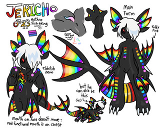 :< alternative_fashion animal_genitalia anthro anus arm_spikes bisexual_pride_colors black_body black_sclera black_skin black_text bodily_fluids emo gender_symbol genital_fluids genital_slit genitals gradient_penis hair hair_over_eye lgbt_pride male male_anthro male_symbol markings mouth_closed multicolored_body multicolored_markings multicolored_skin multicolored_tail multicolored_tentacles penis precum pride_colors rainbow_fin rainbow_inner_ear rainbow_markings rainbow_spots rainbow_stripes rainbow_tail rainbow_tentacles rainbow_text red_eyes simple_background solo spikes spikes_(anatomy) spots striped_body striped_skin stripes symbol tail tapering_penis tentacles text white_background white_hair chatoyancy jericho_(tsuyukiko) fish marine monster 2023 character_name digital_drawing_(artwork) digital_media_(artwork) english_text hi_res model_sheet