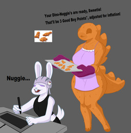 anthro apron armor big_breasts bodily_fluids breasts clothing dialogue dinosaur_nugget drawing_tablet drooling duo female food furniture handwear headgear helmet male male/female oven_mitts saliva shirt simple_background sitting smile standing table tail tank_top topwear wide_hips villegreen hello_kitty_(series) sanrio dinosaur humanoid lagomorph leporid mammal prehistoric_species rabbit reptile scalie absurd_res hi_res