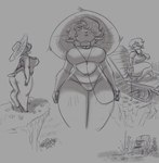 anthro beach_chair beverage big_breasts big_butt breasts butt cliff clothing eating female grey_background hair hair_over_eye hat headgear headwear listening_to_music simple_background sitting solo standing swimwear tail thick_thighs tombstone lewdersheep bovid bovine caprine mammal sheep 2024 hi_res shaded