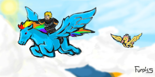 armor blonde_hair blue_body blue_eyes blue_feathers blue_fur clothing cloud feathered_wings feathers feral flying fur group hair horseback male multicolored_hair outside rainbow_hair riding sky sun wings furpics friendship_is_magic hasbro my_little_pony mythology fan_character fluttershy_(mlp) rainbow_dash_(mlp) equid equine human mammal mythological_creature mythological_equine pegasus 2013