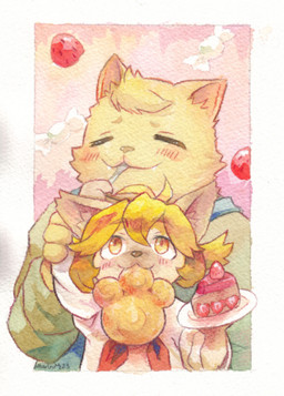 anthro blonde_hair blush bread cake clothing cutlery dessert duo eating female food fork hair kitchen_utensils male overalls paw_bread tools yellow_eyes young young_anthro young_male chibicheu cyberconnect2 fuga:_melodies_of_steel little_tail_bronx boron_brioche mei_marzipan canid canine caninu canis domestic_cat domestic_dog felid feline felineko felis mammal