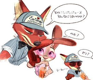 anthro beverage bow_tie brown_body brown_fur clothed clothing collared_shirt dialogue drinking duo eyewear female fingers fur glasses grey_body grey_fur hat headgear headwear heart_symbol long_ears male multicolored_body multicolored_fur narrowed_eyes open_mouth red_body red_fur shirt simple_background sunglasses tan_body tan_fur teeth text topwear white_background nibkman0304 disney zootopia judy_hopps nick_wilde canid canine european_rabbit fox lagomorph leporid mammal oryctolagus rabbit red_fox true_fox english_text hi_res japanese_text translation_request