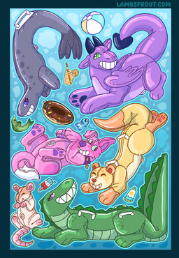ambiguous_gender ball beach_ball beverage blue_eyes collar donut_pool_toy feral food green_eyes group handle handle_bar inflatable lemonade orange_eyes plastic pool_toy pool_toy_handle popsicle purple_collar purple_eyes sunscreen conditional_dnp lustylamb mythology alligator alligatorid animate_inanimate aquatic canid canine canis crocodilian domestic_dog domestic_ferret dragon fish living_inflatable living_pool_toy mammal murid murine mustelid musteline mythological_creature mythological_scalie pinniped rat reptile rodent scalie seal true_musteline weasel hi_res