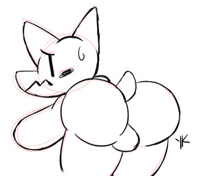 anthro backsack balls big_butt blush blush_stickers bodily_fluids butt genitals looking_at_viewer looking_back male raised_tail rear_view simple_background simple_eyes solo sweat sweatdrop tail toony white_background white_body yungknight squishy_(character) ghost spirit absurd_res guide_lines hi_res