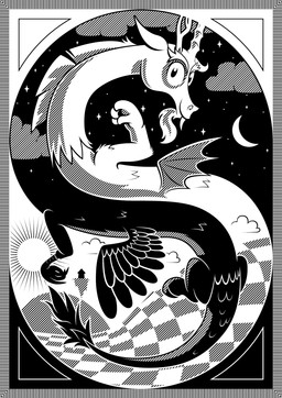 day feathered_wings feathers fur hair horn male moon night sky smile solo star starry_sky sun surrealism wings woodcut yin_yang yin_yang_symbolism dantamnay friendship_is_magic hasbro my_little_pony discord_(mlp) chimera draconequus equid mammal black_and_white hi_res monochrome
