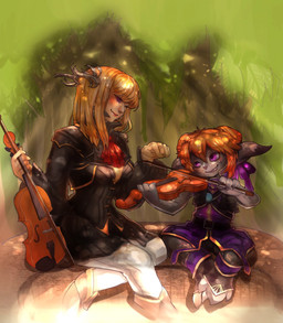 3_toes 4_fingers ambiguous_gender blonde_hair bowed_string_instrument breasts clothed clothing duo eyelashes feet female fingers front_view gesture grey_body grey_skin hair hand_gesture headgear headwear holding_musical_instrument holding_object larger_female long_hair looking_down looking_up musical_instrument orange_hair outside playing_music pointing purple_eyes rock sharp_teeth sitting size_difference smaller_ambiguous smile smirk string_instrument teaching teeth toes violin frusenfell guild_wars veyll_(centum) asura human humanoid mammal hi_res