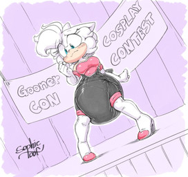 anthro big_diaper blue_eyes blush breasts clothed clothing cosplay diaper feces fur gynomorph intersex pooping soiled_diaper soiling soiling_diaper solo stage standing unclean_diaper used_diaper wearing_diaper white_body white_fur sophiepoof sega sonic_the_hedgehog_(series) rouge_the_bat sophie_(argento) eulipotyphlan hedgehog mammal hi_res gynomorph_(lore)