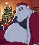 anthro belly black_body black_fur black_nose blush bottomwear christmas_clothing christmas_headwear christmas_tree clothing fur hat headgear headwear holidays inside male moobs navel nipples overweight overweight_male pants plant real santa_hat solo tree white_body white_fur sr_panda_86 christmas santa_claus bear giant_panda mammal 2021 hi_res