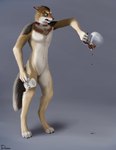 3d_(artwork) 4_fingers 4_toes angry annoyed anthro athletic athletic_anthro athletic_male beverage black_claws black_pawpads brown_body brown_fur canid canine canis claws coffee coffee_mug coffee_pot collar collar_only collar_tag digital_media_(artwork) digitigrade dipstick_fingers dipstick_toes djano dripping ears_back featureless_crotch feet fingers fluffy fluffy_tail fur gloves_(marking) green_eyes grey_background grey_body grey_fur grey_nose hi_res holding_coffee_mug holding_coffee_pot jackal male mammal markings multicolored_body multicolored_fur navel nude oh_no open_mouth pawpads paws pivoted_ears signature simple_background slim solo standing tail tan_body tan_fur teeth text toe_claws toes tongue white_body white_fur yellow_sclera