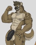 abs anthro balls biceps big_balls big_penis black_penis brown_body brown_fur claws fur genitals hair humanoid_genitalia humanoid_penis male markings muscular muscular_anthro muscular_male nipples nude pecs penis piercing simple_background solo spots spotted_body tail tan_body tan_fur vexedlupine trystan_(dissimulated) hyena mammal spotted_hyena hi_res