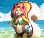 anthro ball beach beach_ball big_tail bikini biped breasts clothing female holding_ball holding_object inflatable jewelry navel necklace open_mouth outside pool_toy seaside smile solo standing swimwear tail teeth tongue two-piece_swimsuit hihikori mammal rodent sciurid tree_squirrel