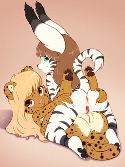 anthro anus blonde_hair bodily_fluids brown_eyes brown_hair butt clitoris duo female female/female fur genital_fluids genitals green_eyes hair long_hair looking_at_viewer looking_back lying markings nude on_back presenting presenting_anus presenting_hindquarters presenting_vulva pussy_stacking sex smile spots spotted_body spotted_fur spread_butt spread_legs spread_vulva spreading straddling striped_body striped_fur stripes tribadism urethra vaginal vaginal_fluids vulva white_body white_fur yellow_body yellow_fur young young_anthro young_female young_on_young poulet-7 domestic_cat felid feline felis leopard mammal pantherine 3:4 hi_res
