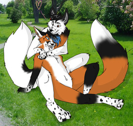 anthro chest_tuft duo eye_contact fur grass heart_symbol highlights_(coloring) hug looking_at_another male male/male markings nude on_grass on_ground outside park photo_background plant red_body red_fur sitting spots spotted_markings tuft white_body white_fur rickyhorror apollo_(hacker-coyote) hacker_(hacker-coyote) canid canine fox mammal photography_(artwork) shaded simple_shading