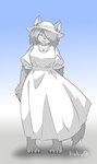 anthro big_breasts breasts claws clothing dress female female_anthro front_view fur grey_body grey_fur hair hat headgear headwear kemono simple_background smile solo sun_hat white_clothing white_dress kiukiu desdemor canid mammal absurd_res hi_res