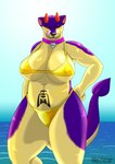 anthro big_breasts bikini black_markings black_nose breasts clothing detailed_background female female_anthro fur gold_bikini gold_clothing gold_swimwear horn huge_breasts markings purple_body purple_fur red_eyes red_horn sea sky solo swimwear tail teeth thick_thighs tongue tongue_out two-piece_swimsuit water yellow_body yellow_fur alex.fetter golden_week yingpingu ying demon mammal mustelid musteline succubus true_musteline weasel 2023 absurd_res colored hi_res herm_(lore)