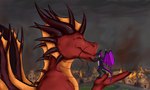 anthro black_body black_skin building claws destruction eyes_closed fire grin horn house kissing macro purple_wings size_difference smile town wings yellow_body yellow_skin arcwolfdragon mythology dragon mythological_creature mythological_scalie scalie 5:3 absurd_res hi_res