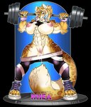 abs anthro big_breasts bodily_fluids bottomwear bottomwear_down breasts chest_tuft claws clothed clothing clouded_leopard dripping dumbbell exercise felid female fluffy fluffy_tail footwear fsmaverick fur genital_fluids grin hi_res highlights_(coloring) mammal markings muscular muscular_anthro muscular_female nipples pantherine pants pants_down partially_clothed pussy_juice_drip rhea_(ilx) scar shirt_up shoes smile solo spots spotted_body spotted_fur tail teeth toeless_footwear tuft vaginal_fluids weightlifting weights workout