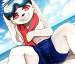 anthro beach black_nose blue_bottomwear blue_clothing blue_shorts bottomwear bulge cheek_tuft clenched_teeth clothing eyewear eyewear_on_head facial_tuft fur genital_outline goggles goggles_on_head holding_clothing holding_object kemono long_ears looking_at_viewer male navel open_mouth open_smile orange_pupils pupils red_eyes red_scarf sand scarf seaside sharp_teeth shorts shota sitting smile soaked solo spread_legs spreading teeth tuft wet wet_clothing white_body white_ears white_fur young young_anthro naegi hantsuki_(ko-gami) lagomorph leporid mammal rabbit 2019 digital_media_(artwork) digital_painting_(artwork) hi_res