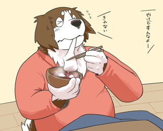 anthro bottomwear brown_body brown_fur clothing eating eyes_closed food fur humanoid_hands kemono male overweight overweight_anthro overweight_male pants shirt sitting solo text topwear kotori canid canine canis domestic_dog mammal 2015 5:4 japanese_text