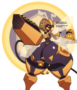 antennae_(anatomy) armor big_butt breasts butt dark_body electronics engine exploding_clothing female gem glowing headgear helmet huge_butt huge_thighs inflated_butt machine metal_clothing metallic_body screen screen_face shortstack solo text thick_thighs wings yellow_eyes fuzzycogs beeat_(fuzzycogs) arthropod bee hymenopteran insect robot absurd_res english_text hi_res