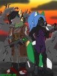 anthro armor blood blue_hair bodily_fluids breasts building clothed clothing duo evening female fur gas_mask green_body green_fur gun hair mask outside ranged_weapon rifle ruins skintight_suit weapon djcoyoteguy fallout microsoft aventis ruben_(djcoyoteguy) canid canine canis coyote fox mammal 3:4 hi_res