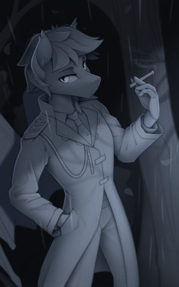 anthro cigarette clothing coat eyebrows eyelashes hair hand_in_pocket male necktie plant pockets raining short_hair solo topwear tree yakovlev-vad hasbro my_little_pony fan_character earth_pony equid equine horse mammal pony 5:8 absurd_res black_and_blue hi_res monochrome