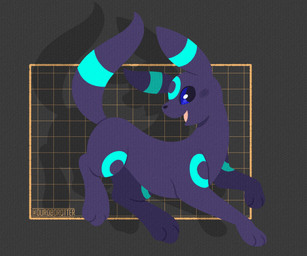 ambiguous_gender black_background black_body black_fur blue_eyes blue_sclera ear_markings facial_markings feral fur geometric_background grid_background head_markings leg_markings looking_at_viewer markings open_mouth open_smile pattern_background paws ring_(marking) shadow simple_background smile solo tail tail_markings tongue ouroborotter nintendo pokemon fan_character sohnos_(quivertheproto) eeveelution generation_2_pokemon mammal pokemon_(species) shiny_pokemon umbreon 2022 hi_res signature