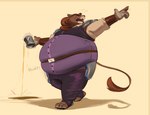 anthro armor beer_stein belly belt beverage big_belly bloated blorp blush bubble button_(fastener) chubby_cheeks claws clothed clothing container cup drunk drunk_bubble fur gesture hand_gesture holding_beverage holding_object male mane motion_lines obese obese_anthro obese_male open_mouth open_smile overweight overweight_anthro overweight_male pointing sloshing_belly smile solo sound_effects spaulder spilled_drink stein substance_intoxication tail tail_tuft tan_body tan_fur tassets tight_belt tight_clothing toe_claws torn_clothing tuft walking fattydragonite felid lion mammal pantherine hi_res