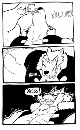 4_fingers anthro clothing dialogue drinking fingers grin holding_object jacket looking_at_viewer male open_mouth sharp_teeth smile solo teeth throwing_object topwear mercurialentropy canid canine mammal 2025 comic hi_res monochrome