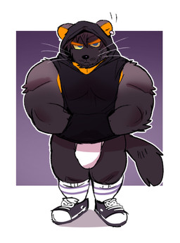 anthro black_body black_clothing black_fur black_hoodie black_topwear broad_shoulders clothed clothing footwear fur hand_in_pocket hands_in_both_pockets hood_up hoodie jockstrap looking_at_viewer male orange_body orange_ears orange_fur pantsless pockets round_ears shoes sleeveless_hoodie socks solo tail topwear underwear whiskers white_clothing white_underwear purplecider dylan_(purplecider) gulonine mammal marten mustelid musteline hi_res