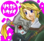 blonde_hair blue_eyes duo ear_piercing female hair humanoid hylian japanese_text link long_hair low_res male midna nintendo not_furry piercing princess red_eyes royalty text the_legend_of_zelda translated twili twilight_princess unknown_artist
