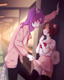 anthro anthro_on_anthro bottomwear clothed clothing crossdressing duo femboy legwear male pink_bottomwear pink_clothing pink_skirt school school_uniform skirt smile standing thigh_highs uniform viskasunya flaffy_(viskasunya) kai_(viskasunya) canid canine canis domestic_dog felid feline mammal shiba_inu spitz 2019 digital_media_(artwork) hi_res