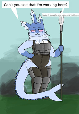 anthro armor armor_plates blue_body blue_nose breasts clothing dialogue female looking_at_viewer melee_weapon pink_eyes polearm simple_background solo spear speech_bubble stare text weapon rustbuuket nintendo pokemon eeveelution generation_1_pokemon pokemon_(species) vaporeon 2025 absurd_res english_text hi_res