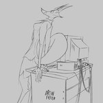 anthro bottomwear clothed clothing computer computer_keyboard computer_monitor computer_mouse covering desk electronics female furniture grey_background necktie shirt shocked simple_background skirt solo table topwear wire brewfilter 15_(brewfilter) canid canine fox grey_fox mammal urocyon 1:1 2024 absurd_res digital_drawing_(artwork) digital_media_(artwork) hi_res monochrome sketch