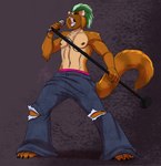 anthro barefoot bottomwear boxers_(clothing) brown_body brown_fur clothing denim denim_bottomwear denim_clothing ear_piercing ear_ring electronics eyes_closed feet fur green_hair hair jeans male markings microphone microphone_stand nipple_piercing nipples pants piercing ring_piercing rocking_out shirtless_male singing solo striped_hair striped_markings striped_tail stripes tail tail_markings torn_bottomwear torn_clothing torn_jeans torn_pants underwear lavenderpandy harlan_(tenpoundhammer) lemur mammal mouse_lemur primate strepsirrhine 2024 hi_res