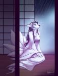 anthro anthrofied asian_clothing biped blue_eyes claws clothed clothing east_asian_clothing female fully_clothed fur hair inside japanese japanese_clothing kimono multi_tail piercing raining sitting solo tail rotarr asian_mythology east_asian_mythology japanese_mythology mythology canid canine fox fox_spirit mammal yokai yuki-onna