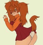 anthro blush bottomwear butt clothing female freckles fur green_eyes hair long_hair looking_back orange_hair simple_background simple_eyes skirt smile solo sweater tan_body tan_fur topwear underwear marrqq barboskiny melnitsa the_pooches liza_(the_pooches) canid canine canis domestic_dog mammal