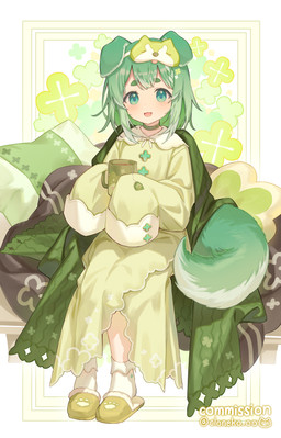 beverage blindfold clothing container cup eyemask eyewear female floppy_ears footwear green_eyes green_hair hair long_sleeves mask mug nightgown pillow shoes sleep_mask slippers socks solo tail tea young young_female young_humanoid cloneko_(zelmeledf2) animal_humanoid canid canid_humanoid canine canine_humanoid dog_humanoid humanoid mammal mammal_humanoid 2025 absurd_res hi_res