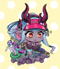 big_breasts blue_hair blush breasts chibi cloud female glistening glistening_eyes hair horn huge_breasts melee_weapon multicolored_hair pink_hair red_eyes sword two_tone_hair weapon uikonoe asian_mythology east_asian_mythology fate_(series) japanese_mythology mythology type-moon saber_ibuki-douji animal_humanoid demon dragon dragon_humanoid humanoid mythological_creature mythological_scalie oni scalie yokai