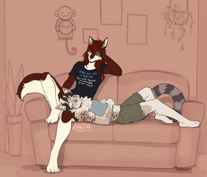 anthro biped bottomwear breasts claws clothed clothed_anthro clothed_female clothed_male clothing duo feet female fingers front_view fully_clothed fully_clothed_anthro fully_clothed_female fully_clothed_male fur hair inside lying male on_back sitting smile spots stripes tail toes topwear kittydee sai_(saiai84) canid canine canis domestic_cat felid feline felis mammal wolf 2026 digital_drawing_(artwork) digital_media_(artwork) hi_res