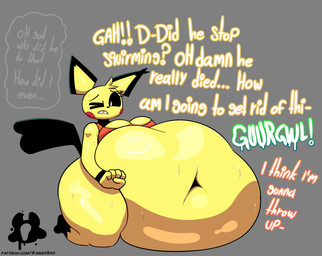 anthro belly big_belly breasts fatal_vore female grey_background rumbling_stomach simple_background solo thick_thighs vore kaiser_grr nintendo pokemon kelly_(kaiser_grr) generation_2_pokemon pichu pokemon_(species) hi_res