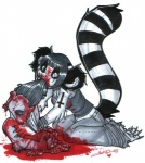 anthro blood bodily_fluids bottomwear clothing death disembowelment duo female glamfur gore guts hair hair_eating intestines looking_at_viewer organs pants shirt short_hair simple_background tail tank_top topwear white_background zeriara zeriara_(character) lemur mammal primate ring-tailed_lemur strepsirrhine 2003 traditional_media_(artwork)