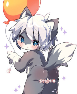 anthro backsack balloon balls blue_eyes butt countershading fur genitals grey_body grey_fur hair holding_balloon holding_object inflatable kemono male shota solo text white_body white_fur white_hair young young_anthro young_male unknown_artist canid canine felid mammal unknown_species character_request hi_res japanese_text