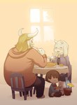 ambiguous_gender anthro beard blonde_hair blush brown_hair cutlery dessert eating eyewear facial_hair family female flower food fork fur furniture glasses group hair horn kemono kitchen_utensils male mustache pastry pie plant simple_background sitting table tools white_body white_fur young young_ambiguous young_human rikose undertale undertale_(series) asgore_dreemurr frisk_(undertale) toriel boss_monster_(undertale) bovid caprine human mammal