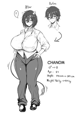 big_breasts blush bodily_fluids bottomwear bovid_horn bovine_horn breast_expansion breasts butt butt_expansion clothing cow_ears cow_horn crossgender expansion eyewear female footwear gender_transformation glasses hair hand_on_hip height_loss height_reduction hip_expansion holding_hips horn male mtf_transformation nipple_outline pants pockets question_mark shirt shoes shortstack shortstack_female size_transformation solo sweat tail tail_tuft thick_thighs topwear transformation tuft white_clothing white_shirt white_topwear wide_hipped_female wide_hips minori_(artist) chanom_(minori) animal_humanoid bovid bovid_humanoid bovine bovine_humanoid cattle_humanoid human humanoid mammal mammal_humanoid absurd_res hi_res model_sheet monochrome