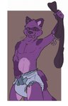 anthro clean_diaper clothing diaper fur holding_leash holding_object leash leather looking_at_viewer male pulling_diaper purple_body purple_ears purple_fur purple_tail raised_arm simple_background smile solo standing tail tongue tongue_out boblios canid canine canis domestic_dog husky hybrid mammal nordic_sled_dog procyonid raccoon spitz hi_res