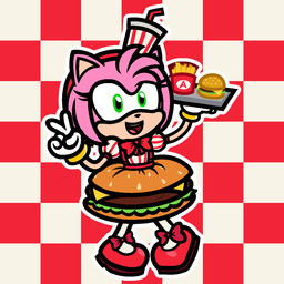 beverage bow_tie burger clothing costume female food footwear fries gesture green_eyes hand_gesture red_bow_tie red_clothing red_footwear red_shoes shoes soda solo v_sign captainquack64 sega sonic_the_hedgehog_(series) amy_rose eulipotyphlan hedgehog mammal 1:1 2026 hi_res