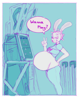 anthro arcade belly big_belly bottomwear clothed clothing crop_top eyes_closed female freckles gesture hand_gesture long_ears navel outie_navel pants pregnant shirt smile speaker speech_bubble text topwear v_sign susfishous bemani dance_dance_revolution konami mindy_(susfishous) lagomorph leporid mammal rabbit 2017